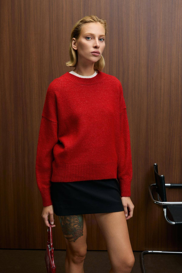 NANNA Kadın Oversize Fit Yumuşacık Kaşmir Tuşesinde Bisiklet yaka Kalın Triko Kırmızı Kazak