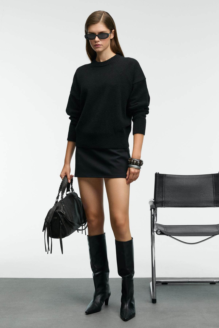 NANNA Kadın Oversize Fit Yumuşacık Kaşmir Tuşesinde Bisiklet yaka Kalın Triko Siyah Kazak