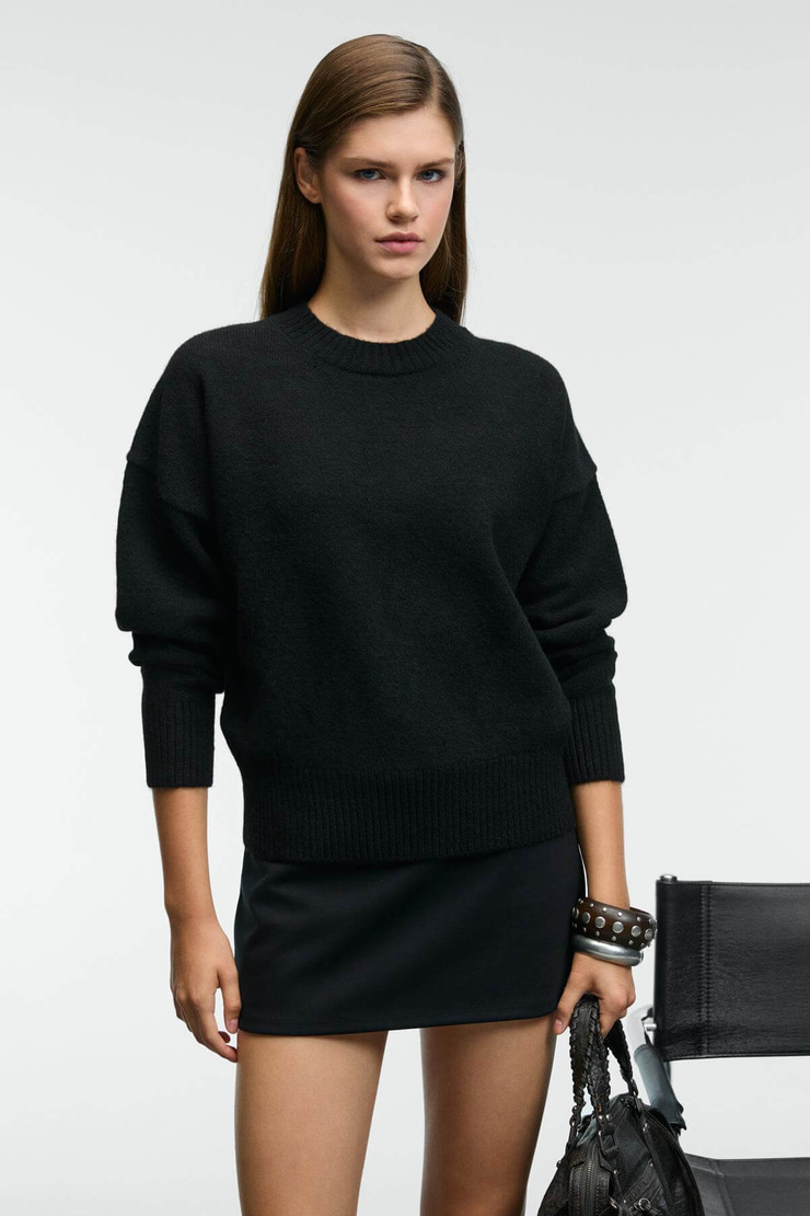 NANNA Kadın Oversize Fit Yumuşacık Kaşmir Tuşesinde Bisiklet yaka Kalın Triko Siyah Kazak