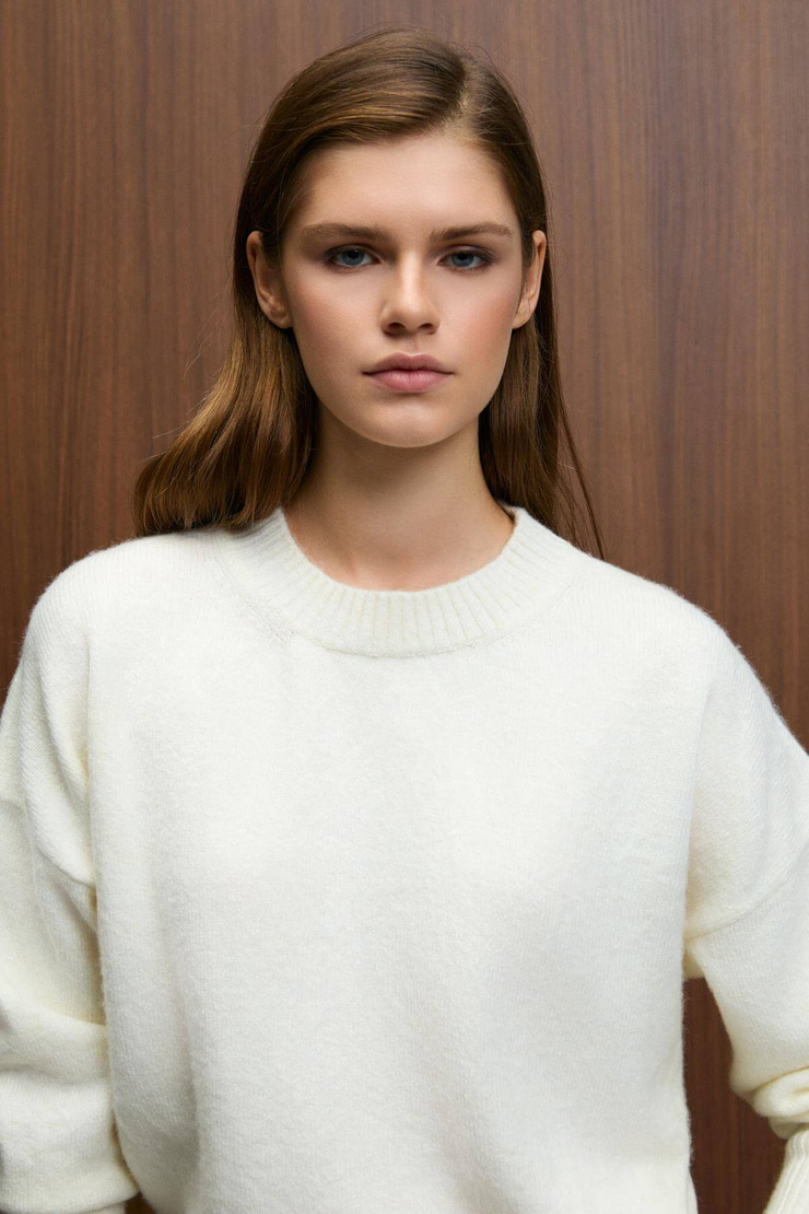 NANNA Kadın Oversize Fit Yumuşacık Kaşmir Tuşesinde Bisiklet yaka Kalın Triko Ekru Kazak