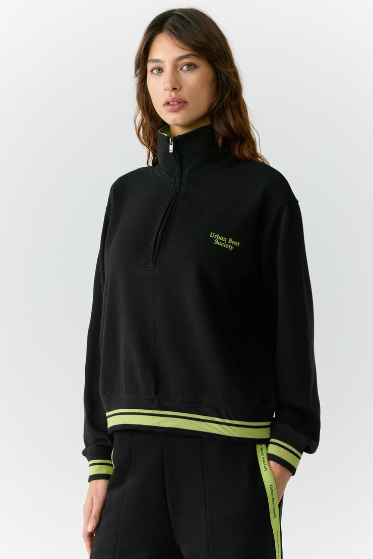 NATAN Kadın Dik Yakalı Fermuarlı Baskı Detaylı Relaxed Siyah Sweatshirt