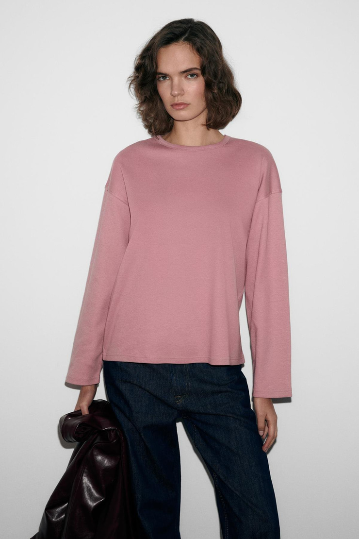 NEAT Kadın Organik Pamuklu Bisiklet Yaka Oversize Fit Uzun Kollu Pembe T-Shirt