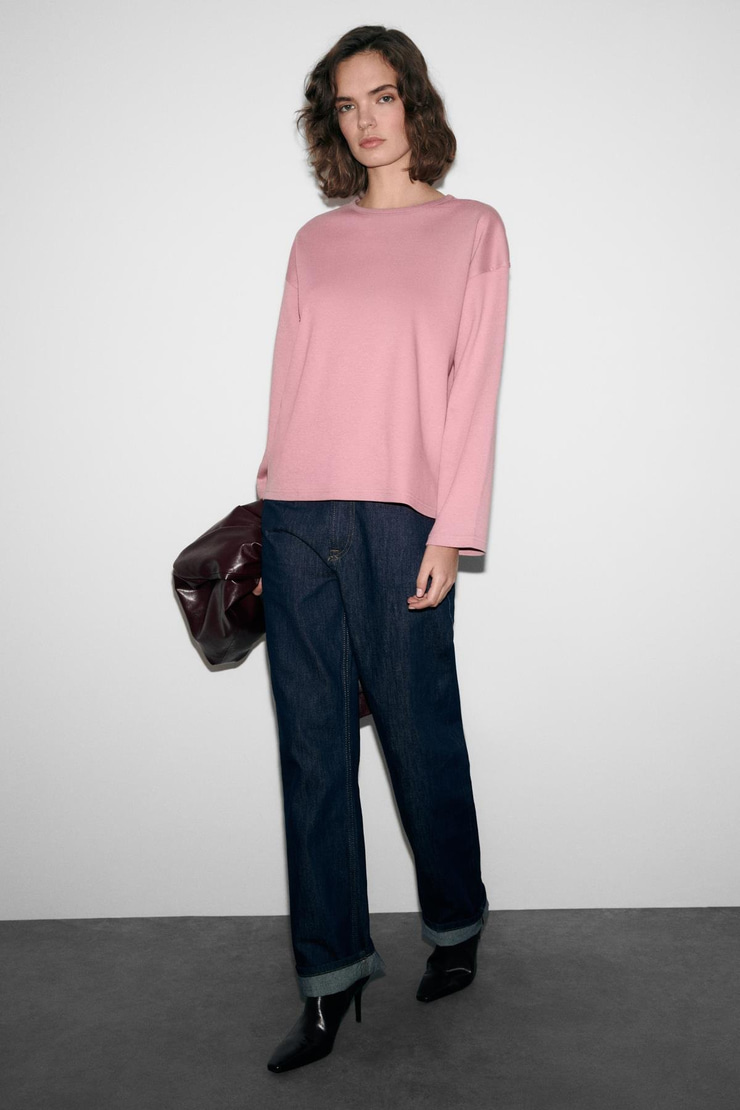 NEAT Kadın Organik Pamuklu Bisiklet Yaka Oversize Fit Uzun Kollu Pembe T-Shirt