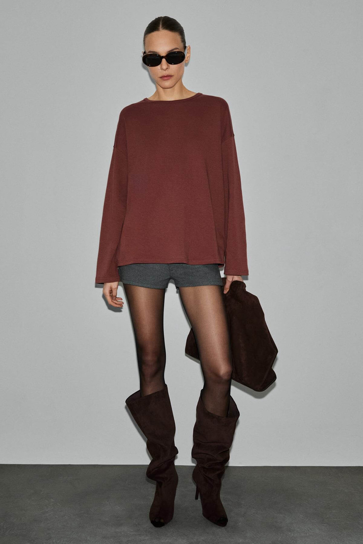 NEAT Kadın Organik Pamuklu Bisiklet Yaka Oversize Fit Uzun Kollu Kiremit Rengi T-Shirt