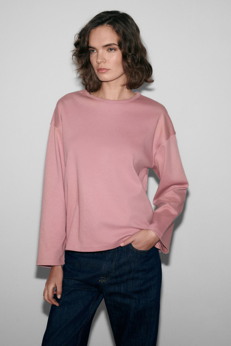 NEAT Kadın Organik Pamuklu Bisiklet Yaka Oversize Fit Uzun Kollu Pembe T-Shirt