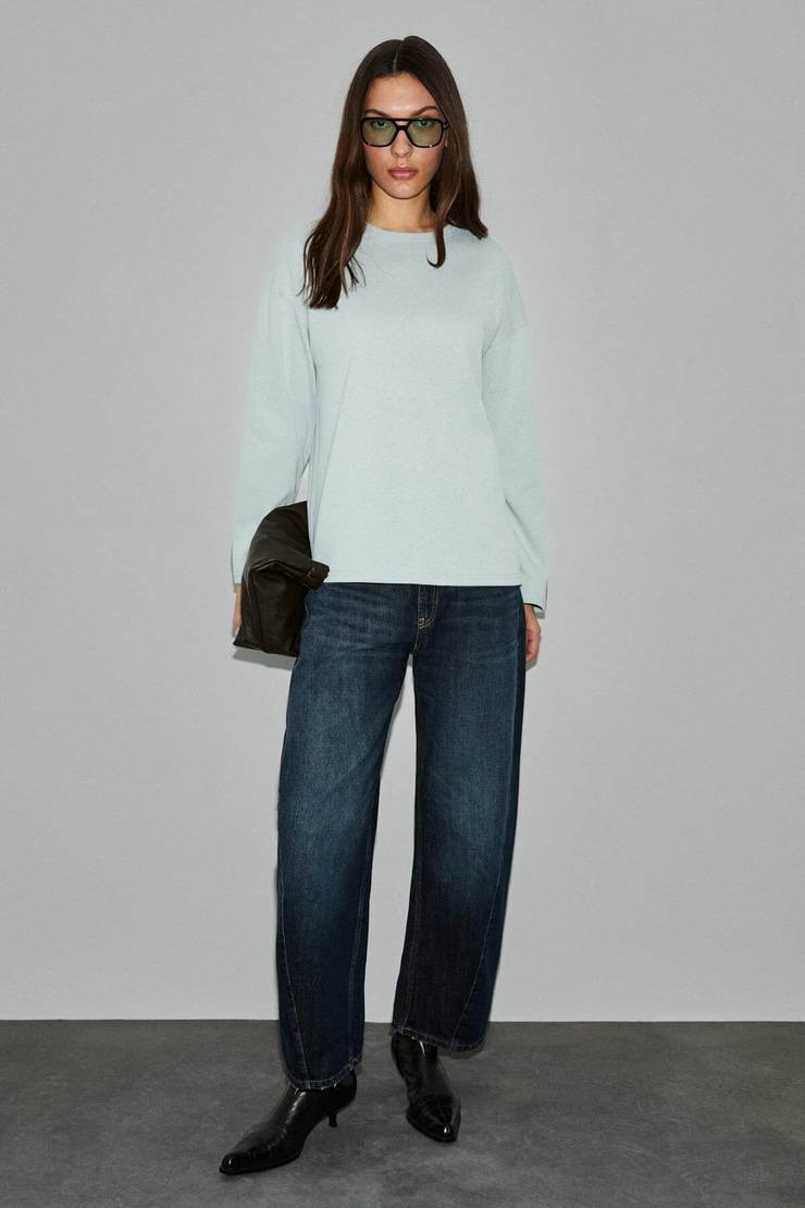 NEAT Kadın Organik Pamuklu Bisiklet Yaka Oversize Fit Uzun Kollu Gri T-Shirt