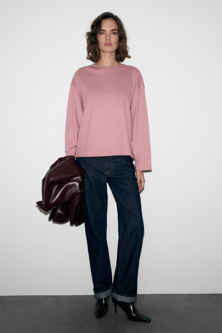 NEAT Kadın Organik Pamuklu Bisiklet Yaka Oversize Fit Uzun Kollu Pembe T-Shirt