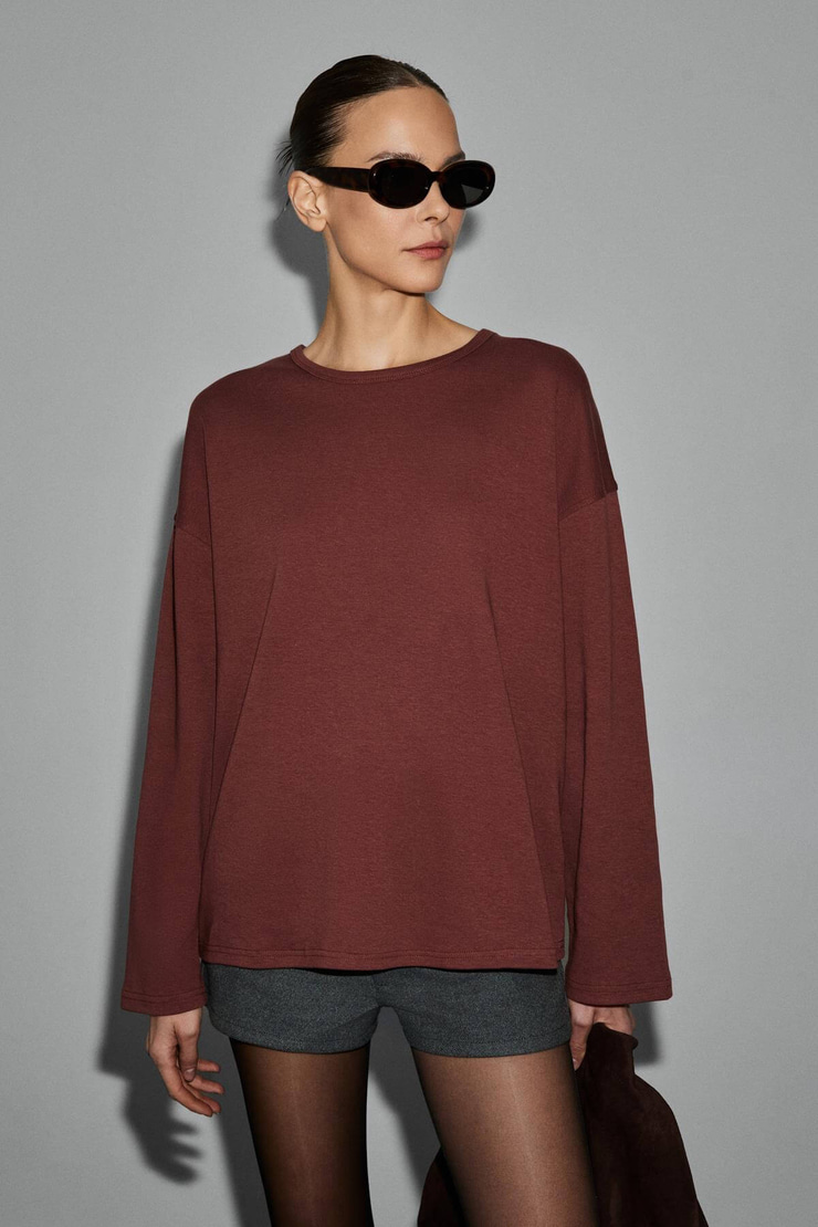 NEAT Kadın Organik Pamuklu Bisiklet Yaka Oversize Fit Uzun Kollu Kiremit Rengi T-Shirt