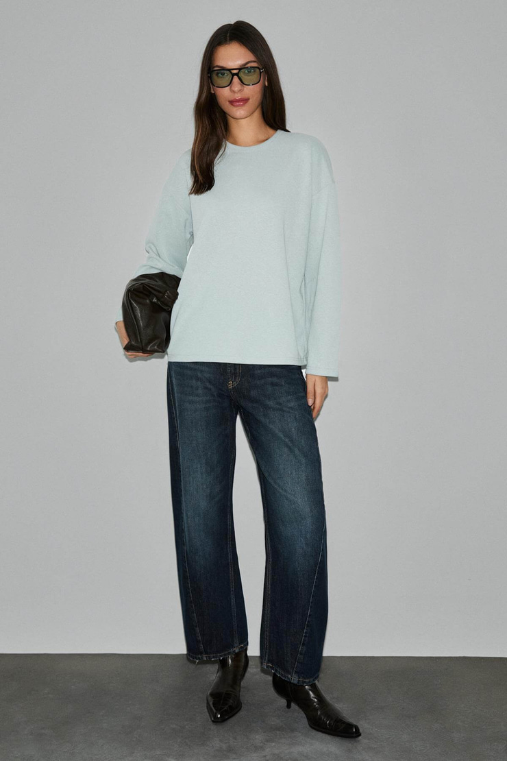 NEAT Kadın Organik Pamuklu Bisiklet Yaka Oversize Fit Uzun Kollu Gri T-Shirt