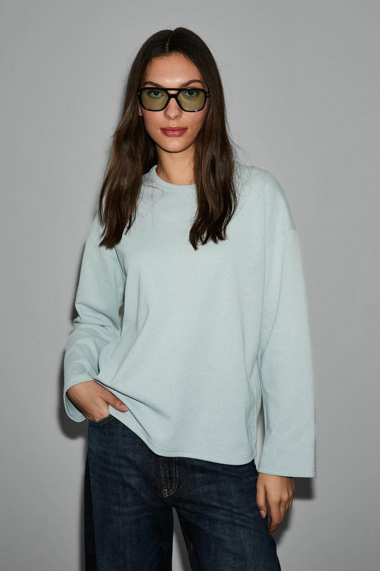 NEAT Kadın Organik Pamuklu Bisiklet Yaka Oversize Fit Uzun Kollu Gri T-Shirt