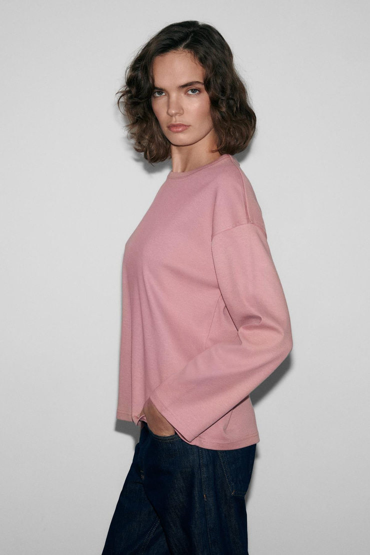 NEAT Kadın Organik Pamuklu Bisiklet Yaka Oversize Fit Uzun Kollu Pembe T-Shirt