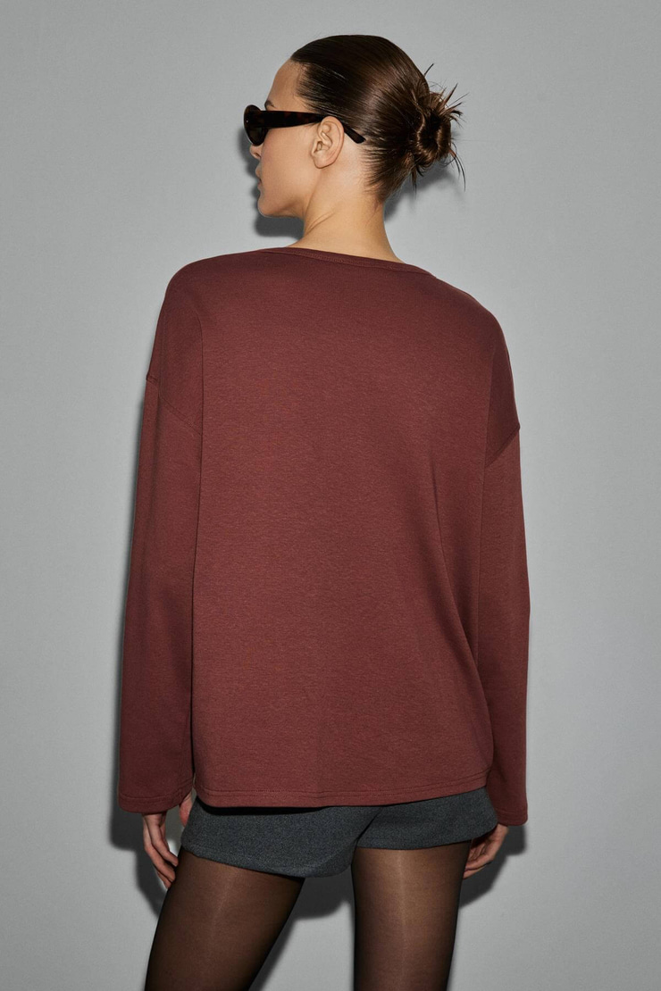 NEAT Kadın Organik Pamuklu Bisiklet Yaka Oversize Fit Uzun Kollu Kiremit Rengi T-Shirt