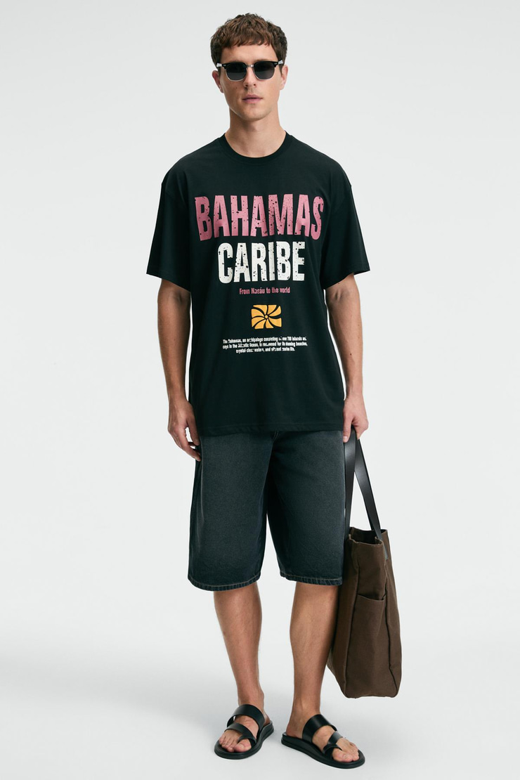 NIBBLE Erkek Oversize %100 Pamuk Baskılı Yuvarlak Yaka Siyah T-Shirt