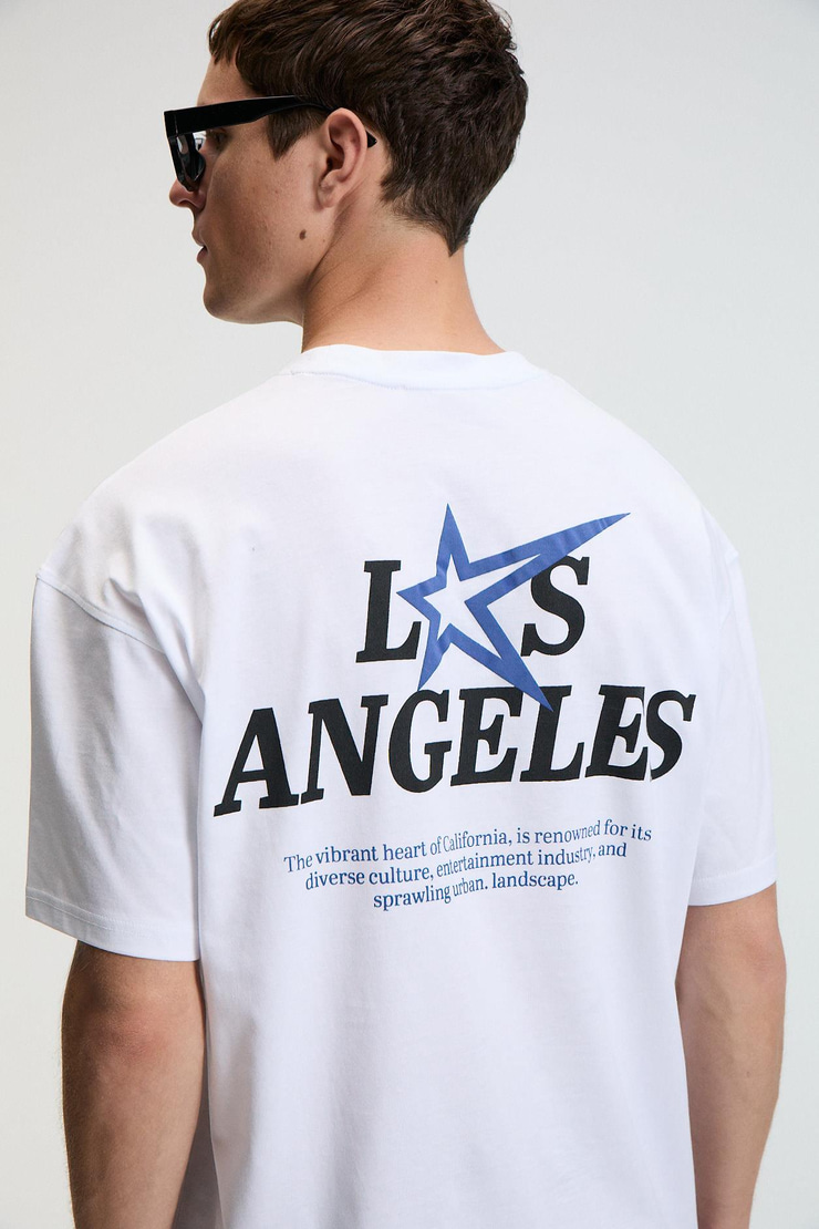 NIBBLE Erkek Oversize %100 Pamuk Baskılı Yuvarlak Yaka Beyaz T-Shirt