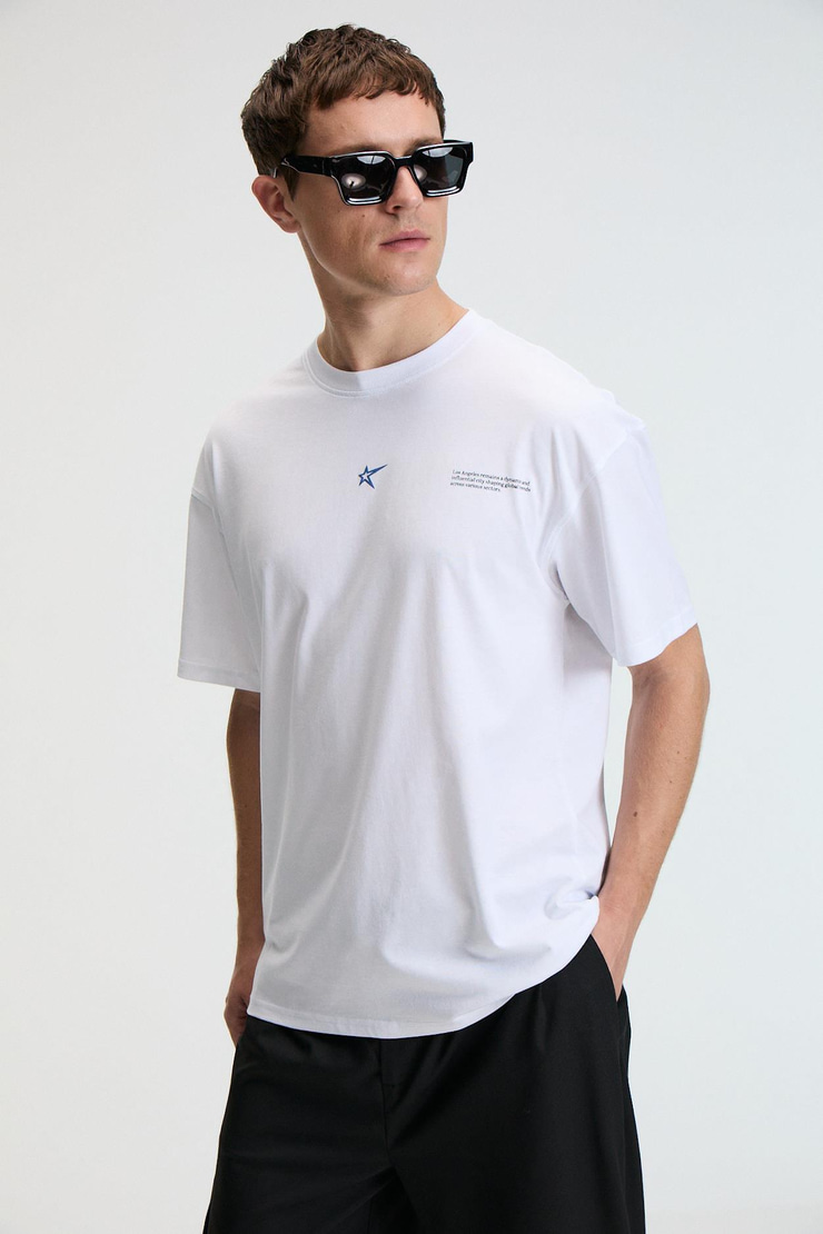 NIBBLE Erkek Oversize %100 Pamuk Baskılı Yuvarlak Yaka Beyaz T-Shirt