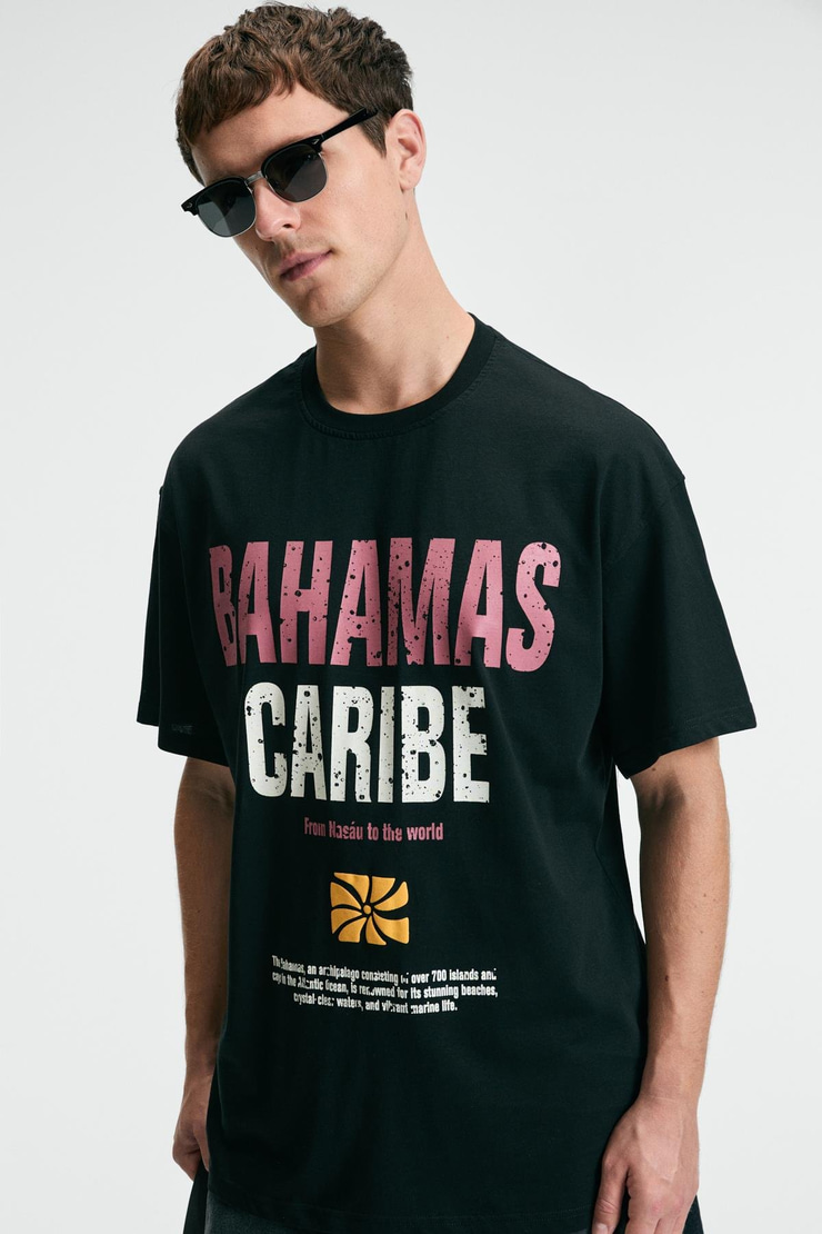 NIBBLE Erkek Oversize %100 Pamuk Baskılı Yuvarlak Yaka Siyah T-Shirt