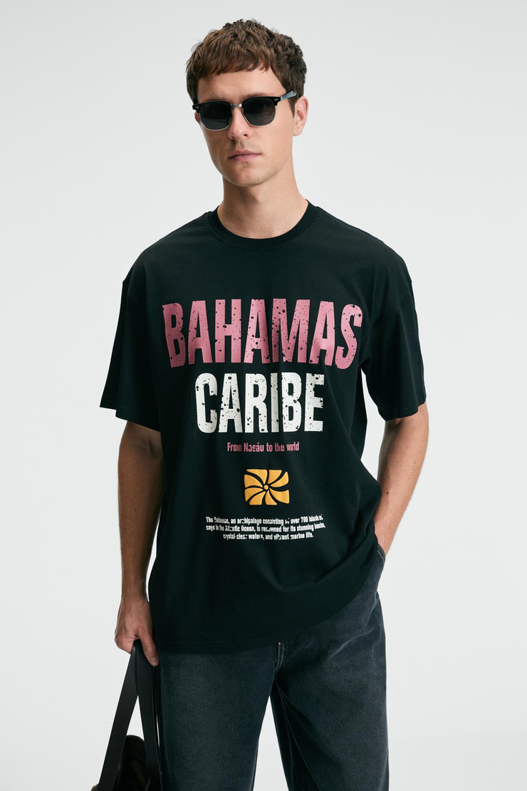 NIBBLE Erkek Oversize %100 Pamuk Baskılı Yuvarlak Yaka Siyah T-Shirt