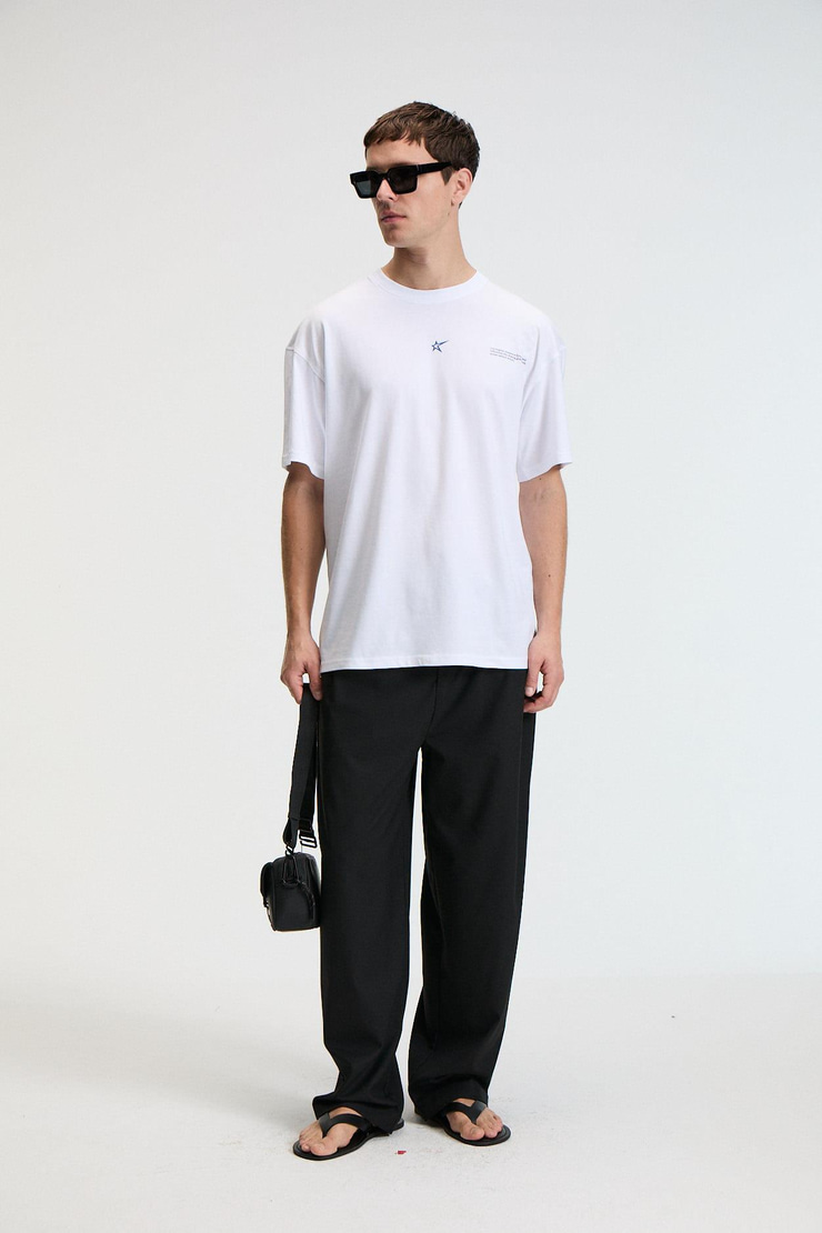 NIBBLE Erkek Oversize %100 Pamuk Baskılı Yuvarlak Yaka Beyaz T-Shirt