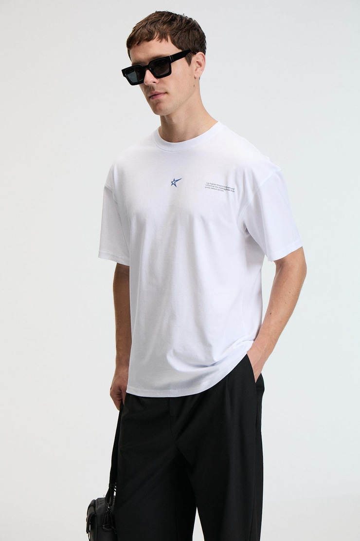 NIBBLE Erkek Oversize %100 Pamuk Baskılı Yuvarlak Yaka Beyaz T-Shirt