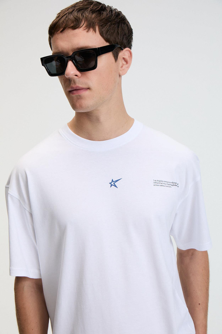 NIBBLE Erkek Oversize %100 Pamuk Baskılı Yuvarlak Yaka Beyaz T-Shirt