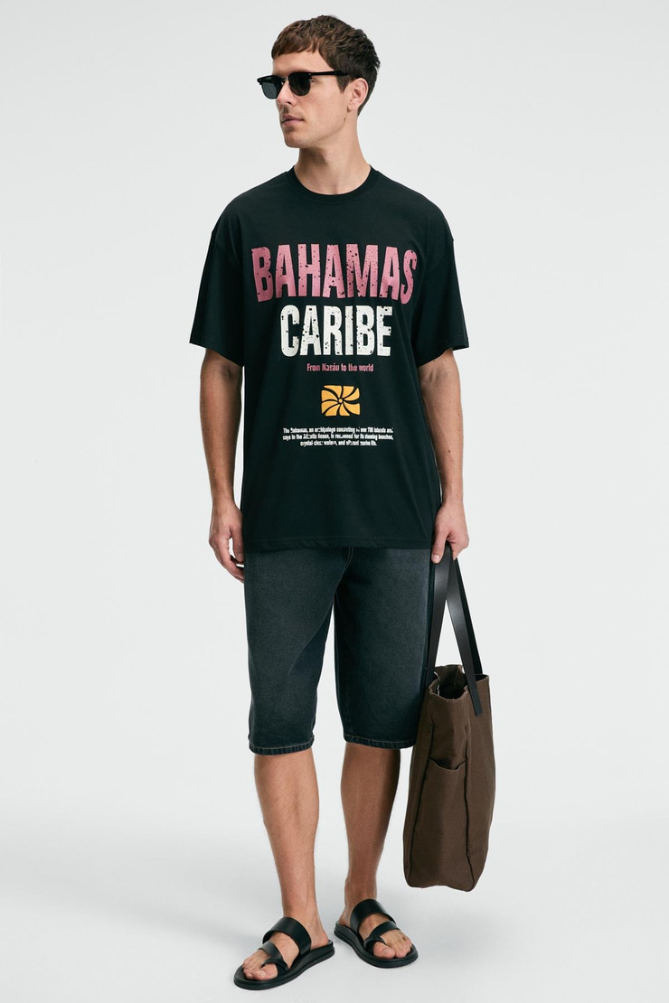 NIBBLE Erkek Oversize %100 Pamuk Baskılı Yuvarlak Yaka Siyah T-Shirt