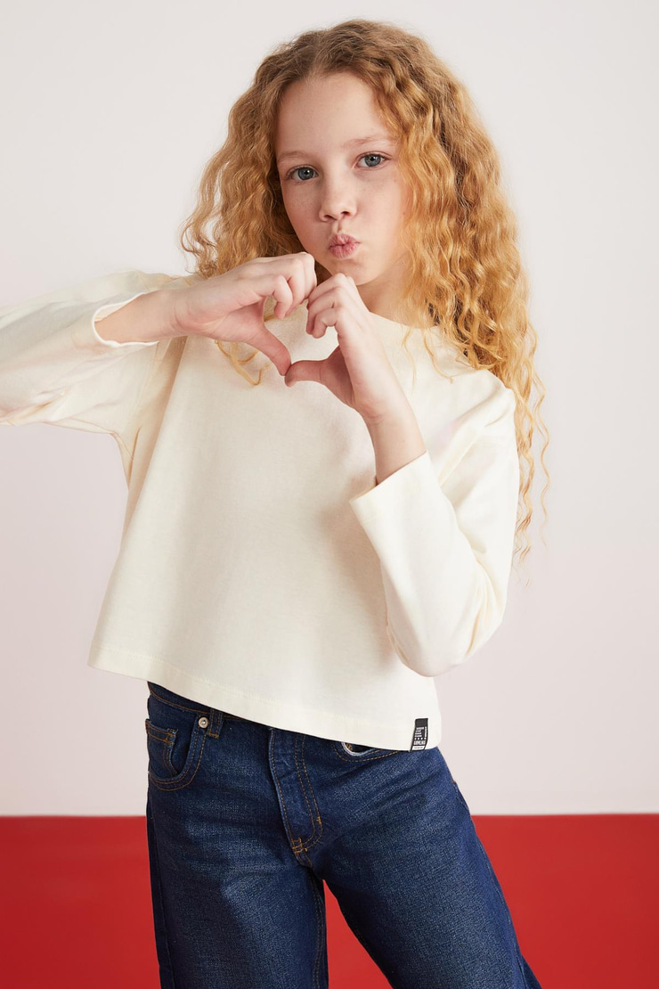 NICOLA  Crop Ekru Tekli T-Shirt