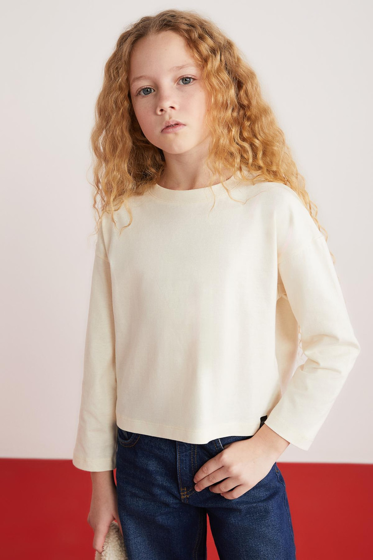 NICOLA  Crop Ekru Tekli T-Shirt