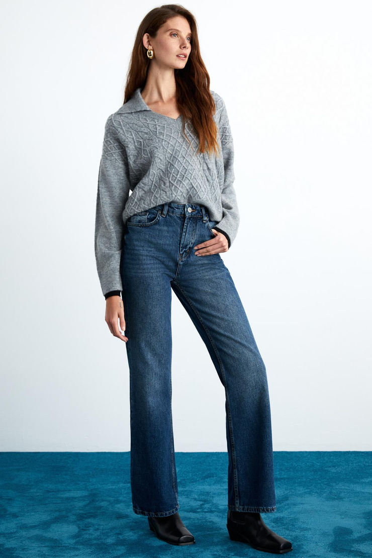 NIPUR Kadın V Yaka Recycle Triko Grimelanj Kazak