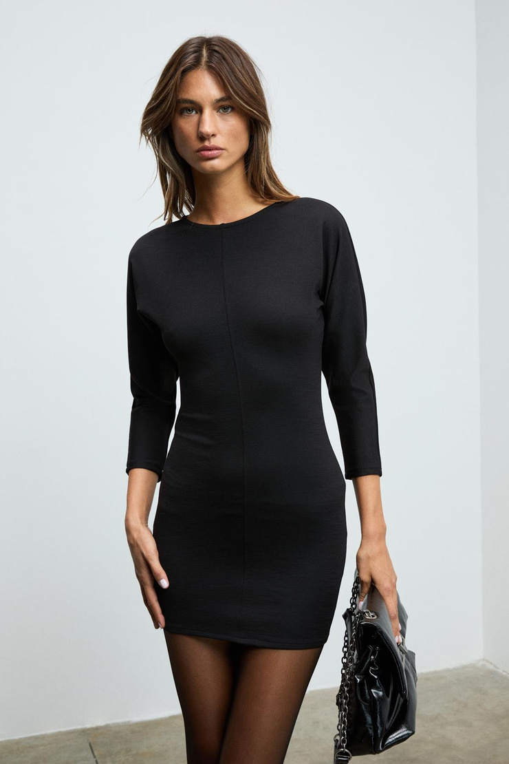 NIVARA Kadın Yuvarlak Yaka Yarasa Uzun Kollu Ön Süs Dikiş Detaylı Arkası Fermuarlı Mini Siyah Elbise