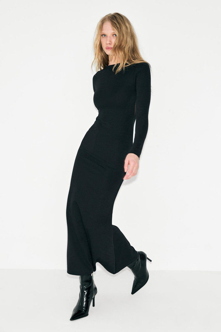 NOCHE Kadın Yuvarlak Yaka Arka Transparan Mesh Detaylı Esnek Kumaşlı Siyah Elbise