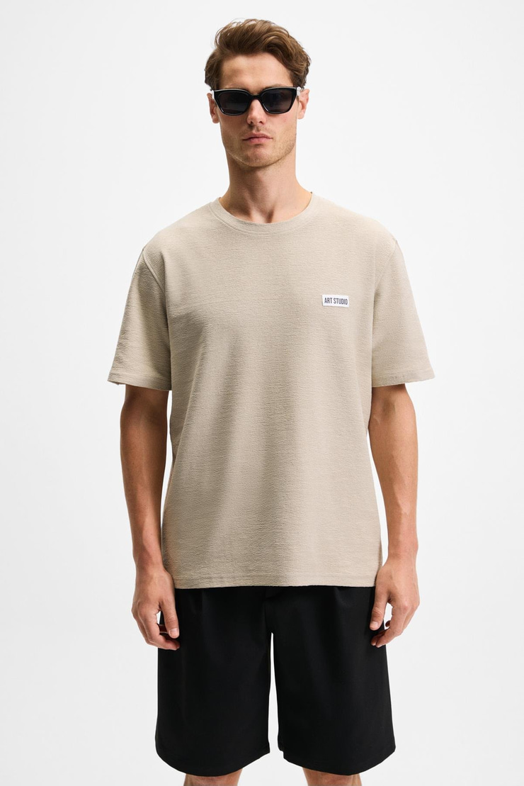 NOIR Erkek%100 Organik Pamuk  Bisiklet Yaka Kısa Kol Regular Bej T-Shirt