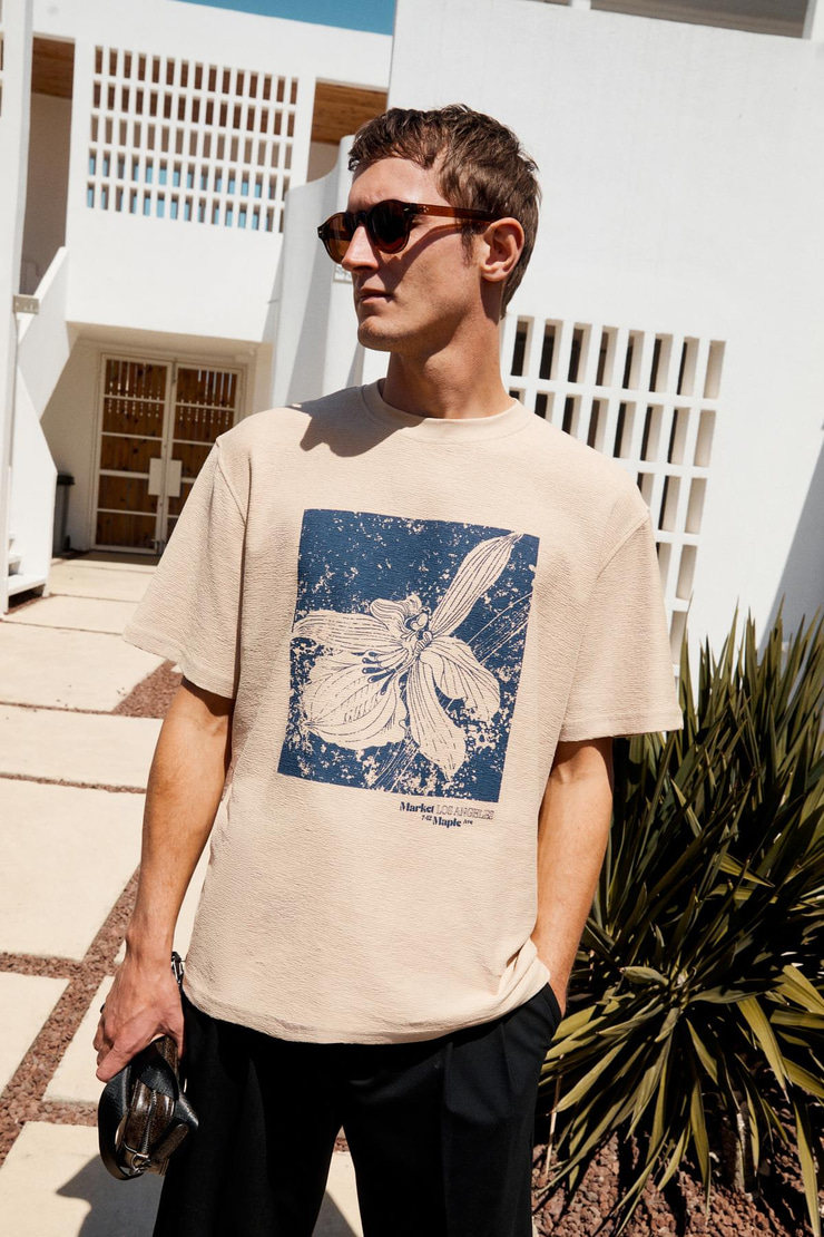 NORD Erkek Baskı Detaylı %100 Organik Pamuk Oversize Kısa Kol Bisiklet Yaka Bej T-Shirt