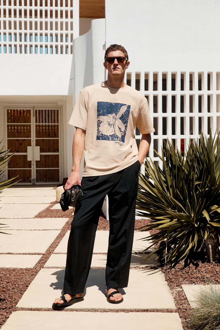 NORD Erkek Baskı Detaylı %100 Organik Pamuk Oversize Kısa Kol Bisiklet Yaka Bej T-Shirt