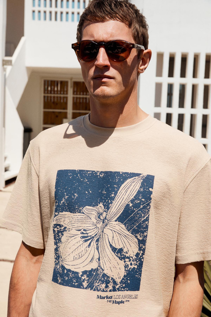 NORD Erkek Baskı Detaylı %100 Organik Pamuk Oversize Kısa Kol Bisiklet Yaka Bej T-Shirt