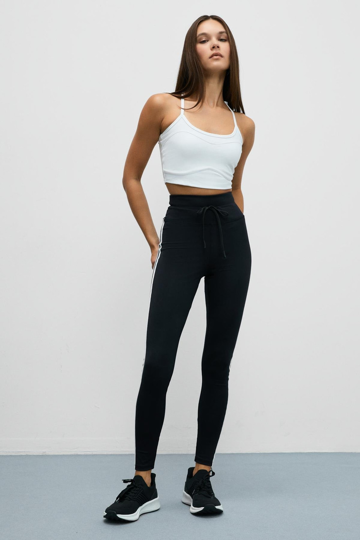 NORGIA Kadın Yumuşak Ve Esnek Dokulu Kontrast Biyeli Kordonlu Siyah - Beyaz Tayt