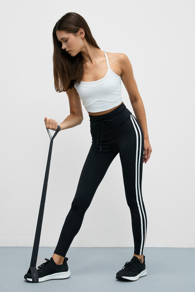 NORGIA Kadın Yumuşak Ve Esnek Dokulu Kontrast Biyeli Kordonlu Siyah - Beyaz Tayt