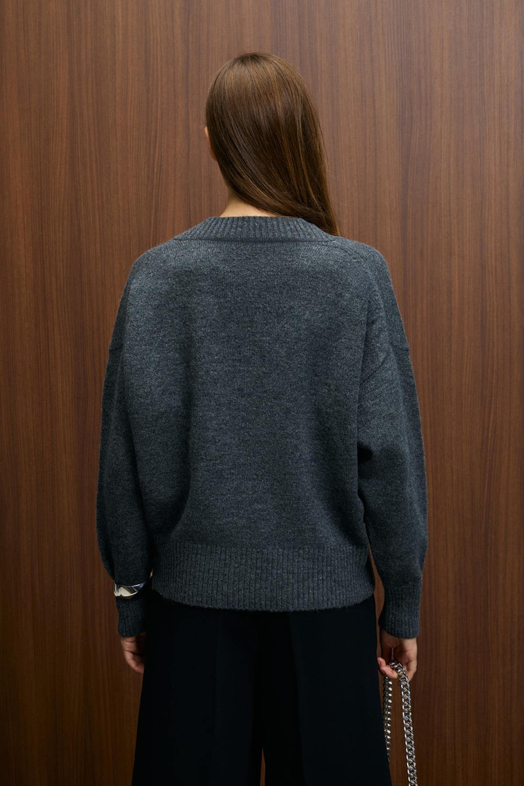 NORSHA Kadın V Yaka Yumşak Dokulu Relaxed Fit Triko Antrasit Kazak