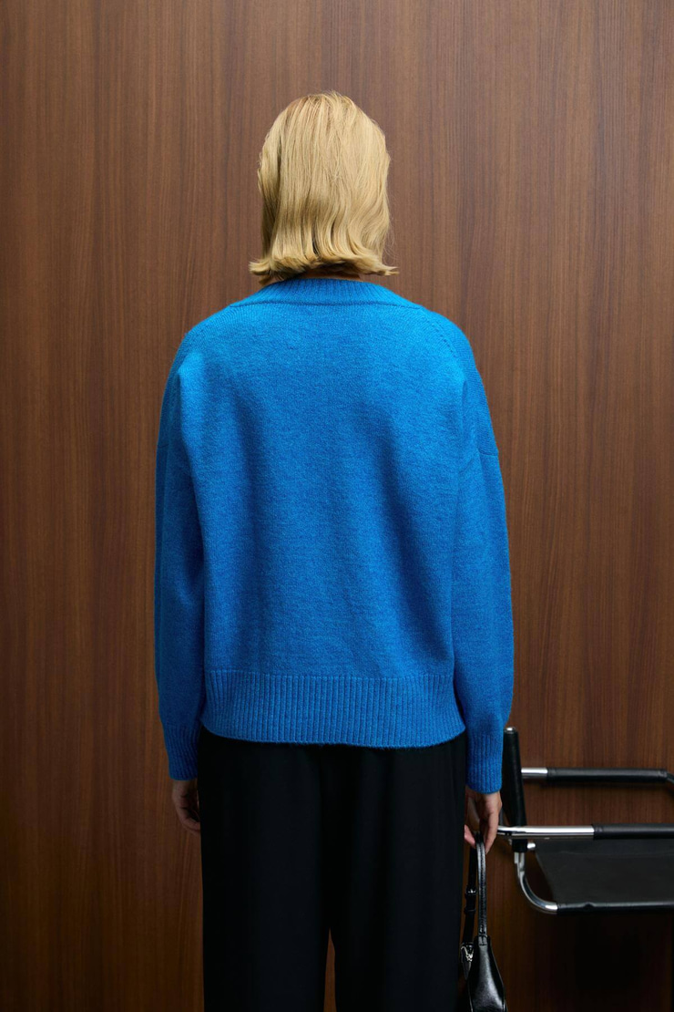 NORSHA Kadın V Yaka Yumşak Dokulu Relaxed Fit Triko Mavi Kazak