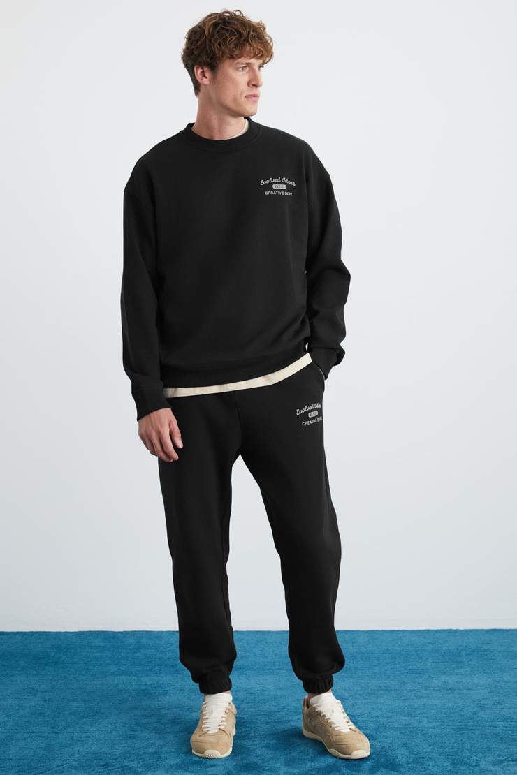 NOTTINGHAM Erkek 2'Li Set Relaxed Organik Pamuk İçi Şardonlu Siyah Eşofman Takımı