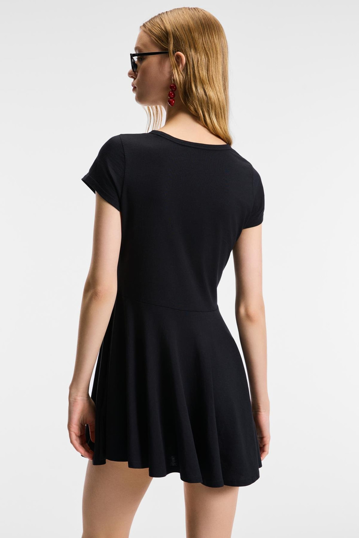 NURVA Kadın Bisiklet Yaka Cap Kol Beli Kesikli Mini Siyah Elbise