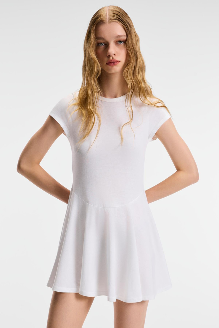 NURVA Kadın Bisiklet Yaka Cap Kol Beli Kesikli Mini Beyaz Elbise