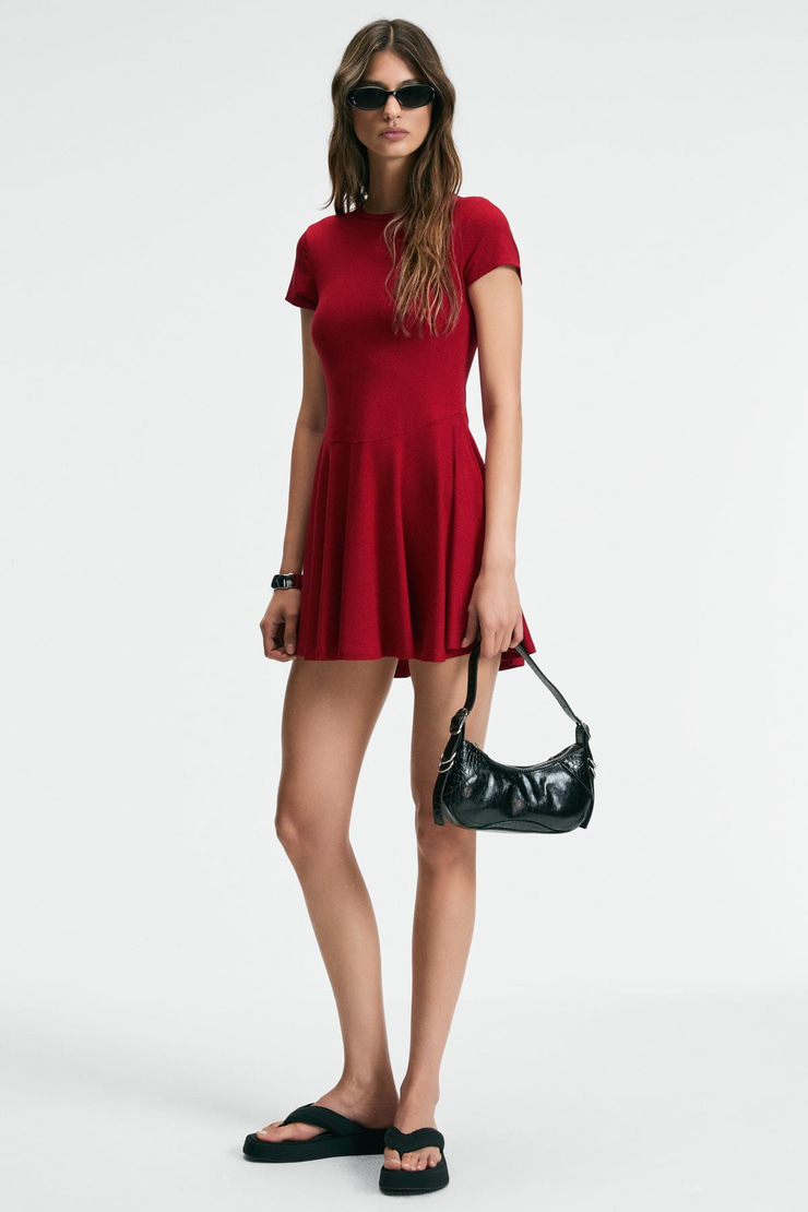 NURVA Kadın Bisiklet Yaka Cap Kol Beli Kesikli Mini Kırmızı Elbise