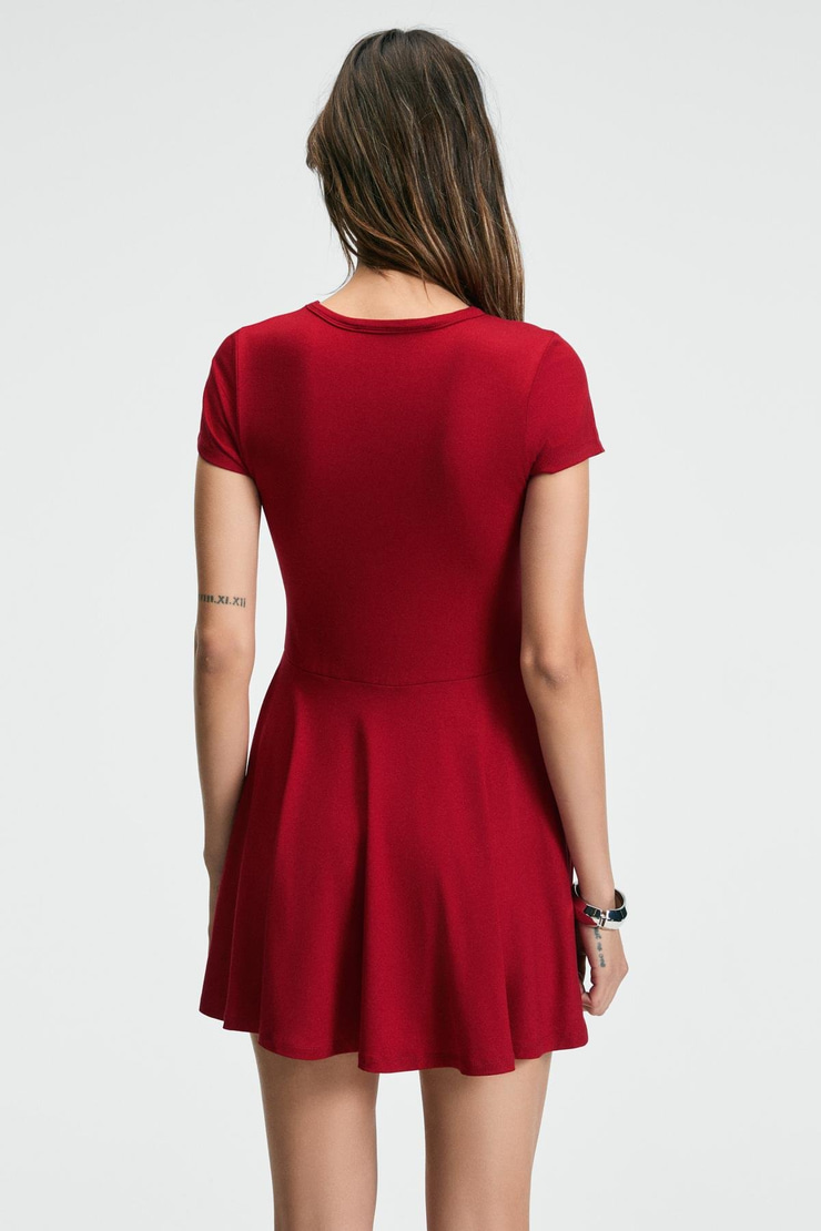 NURVA Kadın Bisiklet Yaka Cap Kol Beli Kesikli Mini Kırmızı Elbise