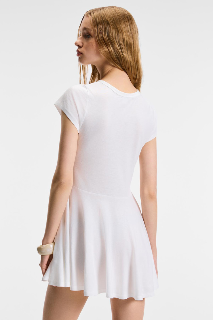 NURVA Kadın Bisiklet Yaka Cap Kol Beli Kesikli Mini Beyaz Elbise