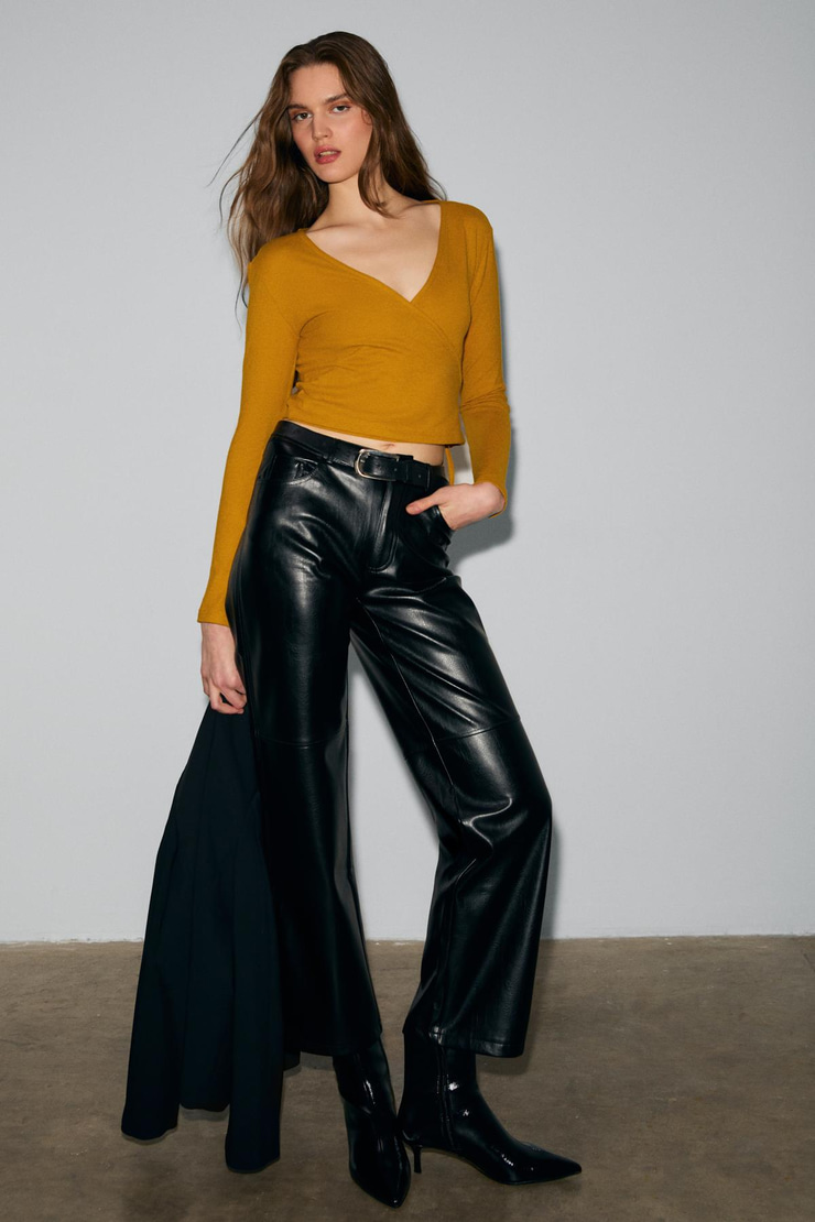 OLIVIERNS Kadın Önden Bağlamalı Vücudu Saran Nefes Alan Kumaşlı Safran Sarı Bluz