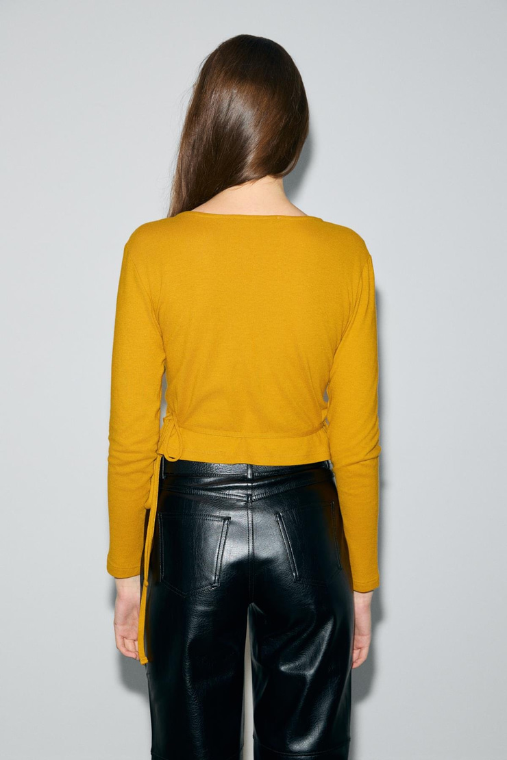 OLIVIERNS Kadın Önden Bağlamalı Vücudu Saran Nefes Alan Kumaşlı Safran Sarı Bluz