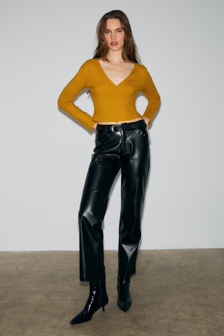 OLIVIERNS Kadın Önden Bağlamalı Vücudu Saran Nefes Alan Kumaşlı Safran Sarı Bluz