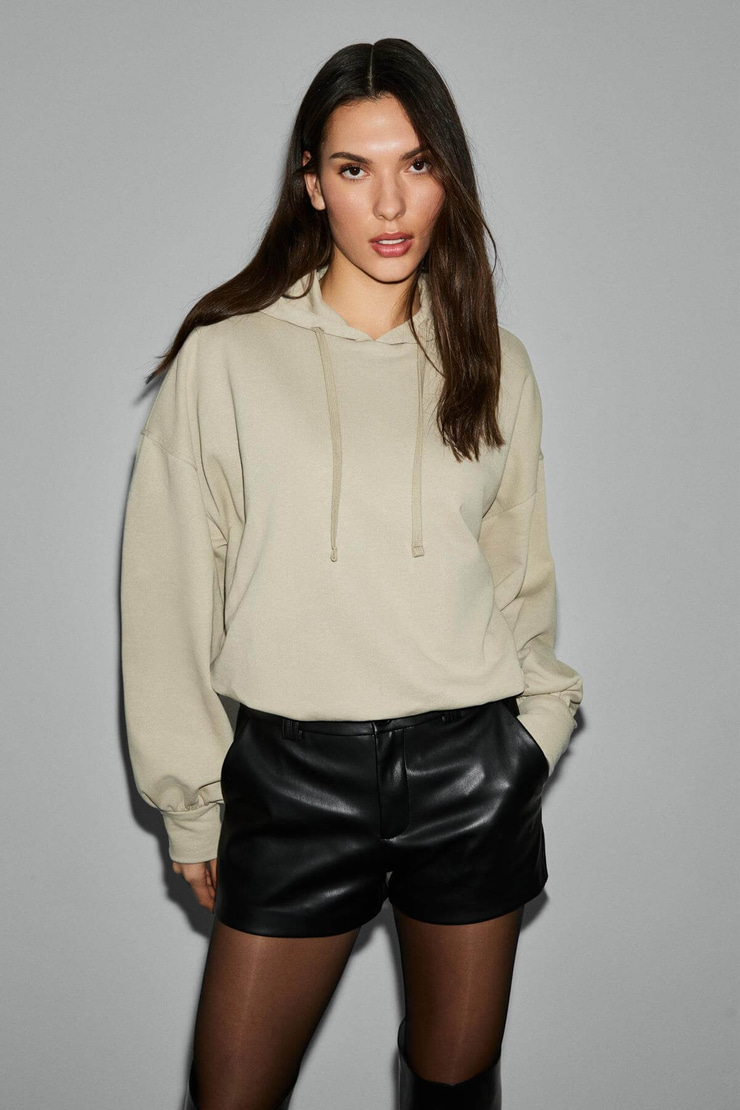 OLVERA Kadın Kapüşonlu Etek Ucu Balon Oversize Açık Haki Sweatshirt