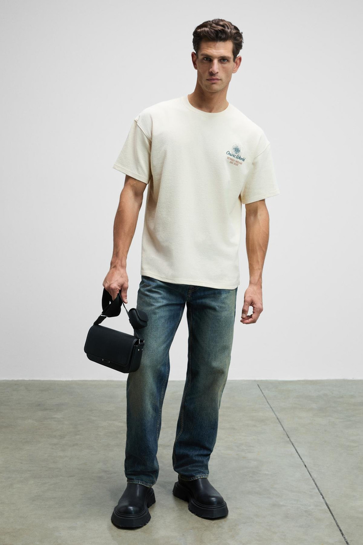 ONIRIC Erkek Göğsü Ve Sırtı Baskılı %100 Organik Pamuk Oversize Fit Bisiklet Yaka Krem T-Shirt