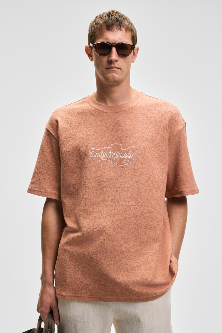 OURFLOW Erkek Nakış Detaylı %100 Organik Pamuk Bisiklet Yaka Kısa Kollu Oversize Kiremit Rengi T-Shirt